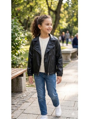 HaanBebe Kız Çocuk Siyah Suni Deri Ceket - Mevsimlik, Şık ve Rahat Model