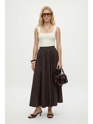 Ritnice Kadın Emilia Astarlı Fermuarlı Beli Büzgülü Kahverengi Dokuma Uzun Etek