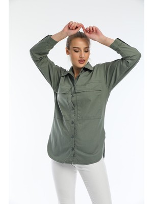 Kadın Kapaklı Çift Cepli Regular Fit %100 Pamuklu Kanvas Tunik Gömlek