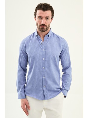 MCR Çizgili Slim Fit Dik Yakalı Uzun Kollu Erkek Gömlek