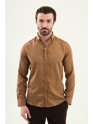 MCR Çizgili Slim Fit Dik Yakalı Uzun Kollu Erkek Gömlek