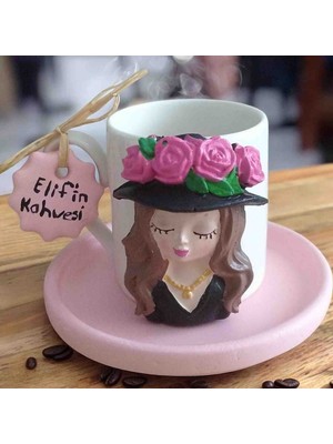 Yıldız İskandinav Isme Özel 3D Çiçekli Kadın Figürlü Porselen Kahve Fincanı – Kişiye Özel Hediye – Anneler Günü, Sevgililer Günü, Doğum Günü Hediyesi