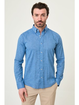 MCR Düz Slim Fit Yakası Düğmeli Keten Erkek Gömlek