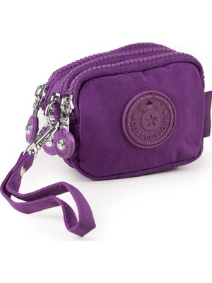 İmaks Mini Boy Krinkıl / Klinkır Kumaş 3 Fermuar Bileklik Askı Bozuk Para Cüzdan Makyaj Çanta Mor 1415A