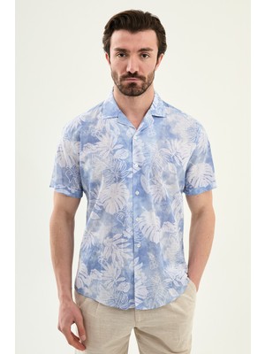 MCR Yaprak Desenli Slim Fit Apaç Yaka Kısa Kollu Erkek Gömlek