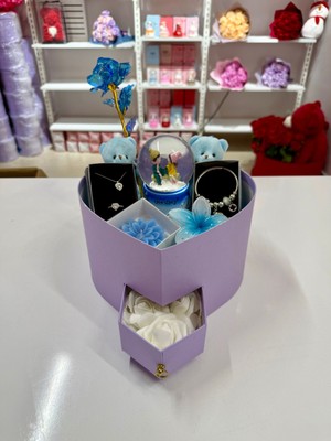 Ayı Evreni Romantik Hediye Kutusu Mavi | Lila Kutu | Kar Küresi, Çelik Takı Seti, Peluş Ayıcık | Sevgiliye, Anneye, Doğum Günü, 14 Şubat, Yıldönümü