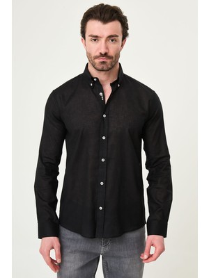 MCR Düz Slim Fit Yakası Düğmeli Keten Erkek Gömlek