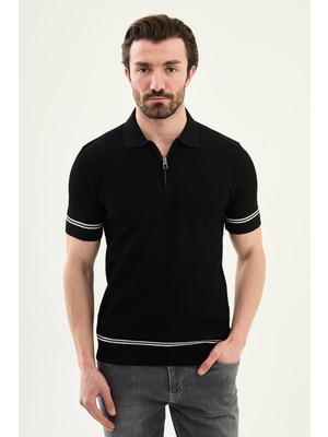 MCR Çizgi Detaylı Slim Fit Polo Yaka Fermuarlı Erkek Triko T-Shirt