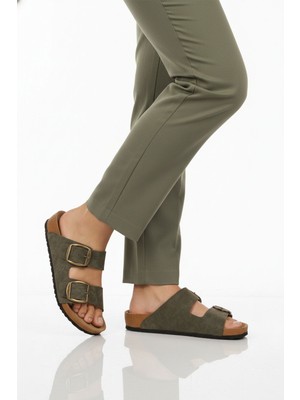 Pierre Cardin Haki Çift Bantlı Kadın Hafif Günlük Terlik PC-7551 Z