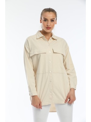 Kadın Kapaklı Çift Cepli Regular Fit %100 Pamuklu Kanvas Tunik Gömlek