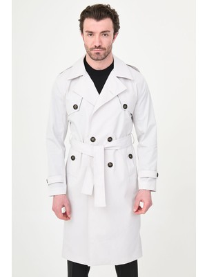 MCR Düz Slim Fit Kuşaklı Kruvaze Uzun Erkek Trenchcoat