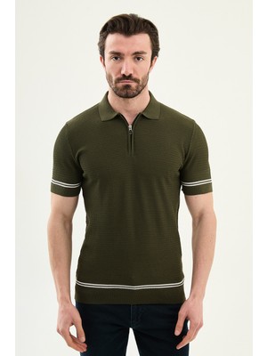 MCR Çizgi Detaylı Slim Fit Polo Yaka Fermuarlı Erkek Triko T-Shirt