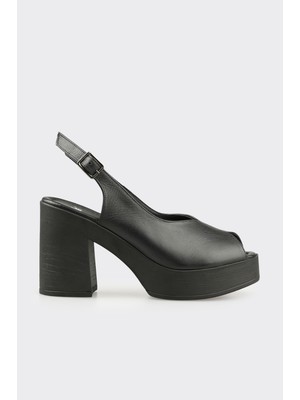 Elle Siyah Deri Kadın Yüksek Topuklu Sandalet
