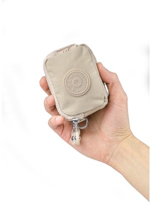 İmaks Mini Boy Krinkıl / Klinkır Kumaş 3 Fermuar Bileklik Askı Bozuk Para Cüzdan Makyaj Çanta Krem 1415A