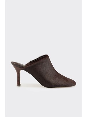 Elle Kahve Hayvan Desenli Deri Kadın Terlik