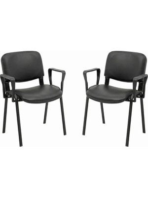 Ofisbazaar Form Siyah Deri Kolçaklı Misafir Sandalyesi 2'li Set | Metal Ayaklı Ergonomik Bekleme Sandalyesi Siyah