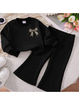 Sy Store Kız Çocuk Leopar Fiyonk Baskılı Sweatshirt & Ispanyol Paça Eşofman Takımı