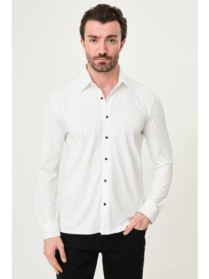 MCR Çizgili Slim Fit Metal Düğmeli Uzun Kollu Erkek Gömlek
