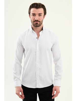 MCR Çizgili Slim Fit Dik Yakalı Uzun Kollu Erkek Gömlek