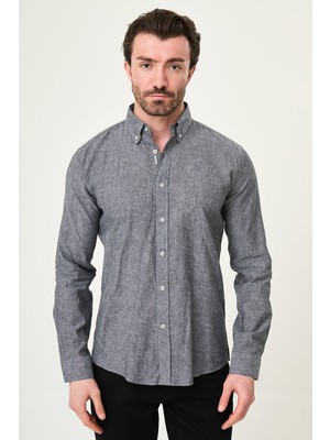 MCR Düz Slim Fit Yakası Düğmeli Keten Erkek Gömlek