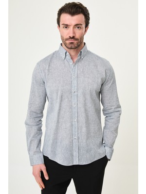 MCR Düz Slim Fit Yakası Düğmeli Keten Erkek Gömlek
