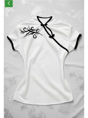 Çin Yakalı Floral Motifli Beyaz Şeritli Vintage Y2K Kısa Kollu Bluz