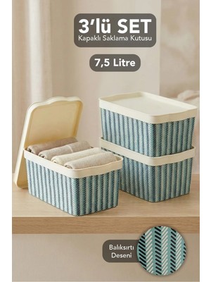 Meleni Home 3'lü Kapaklı Saklama Kutusu - Dekoratif Desenli Çok Amaçlı Dolap Içi Düzenleyici Organizer Kutu