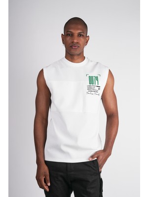Ex-Pent Pamuklu Kumaştan Uyumlu Kumaş Kombinasyonlu Regular Kalıp Baskılı Kolsuz Beyaz T-Shirt
