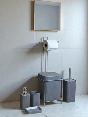 6 Parça Banyo Seti Metal Stantlı Çöp Kovalı Wc Kağıtlık ve Tuvalet Fırçası Katı - Sıvı Sabunlu