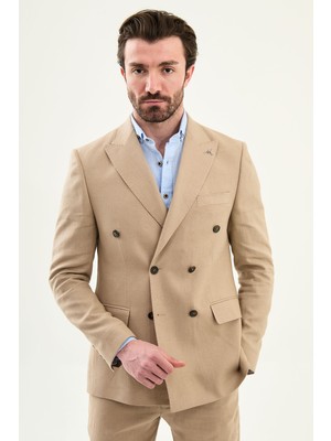 MCR Düz Slim Fit Geniş Yaka Kruvaze Torba Cep %100 Keten Erkek Ceket