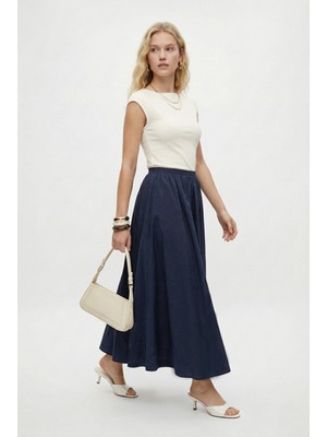 Ritnice Kadın Emilia Astarlı Fermuarlı Beli Büzgülü Lacivert Dokuma Uzun Etek
