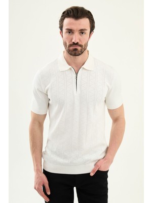 MCR Desenli Slim Fit Polo Yaka Fermuarlı Erkek Triko T-Shirt