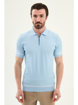 MCR Çizgi Detaylı Slim Fit Polo Yaka Fermuarlı Erkek Triko T-Shirt
