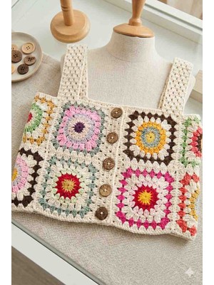 Linas Collection El Örgüsü Renkli Motifli Crop / Büstiyer
