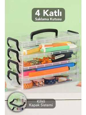 Meleni Home 4 Katlı Organizer Saklama Kutusu - Kilitli Kapak Şeffaf Çok Amaçlı Masaüstü Düzenleyici Kutu