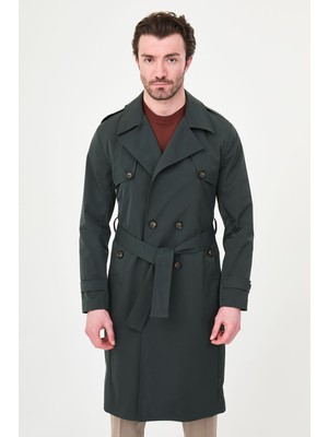 MCR Düz Slim Fit Kuşaklı Kruvaze Uzun Erkek Trenchcoat