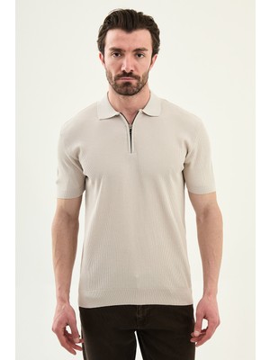 MCR Düz Slim Fit Polo Yaka Fermuarlı Erkek Triko T-Shirt