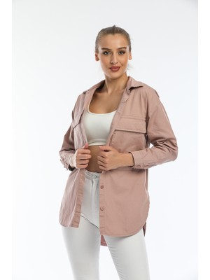 Kadın Kapaklı Çift Cepli Regular Fit %100 Pamuklu Kanvas Tunik Gömlek