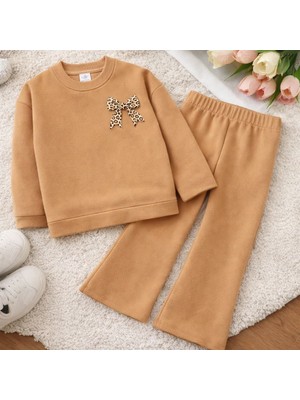 Sy Store Kız Çocuk Leopar Fiyonk Baskılı Sweatshirt & Ispanyol Paça Eşofman Takımı