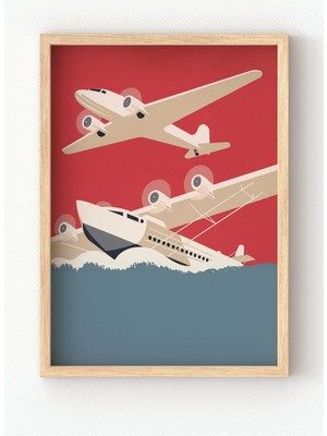 Viela Home Ahşap Çerçeveli Vintage Uçak Posteri – Retro Havacılık Temalı Duvar Tablosu