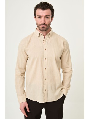 MCR Düz Slim Fit Yakası Düğmeli Keten Erkek Gömlek