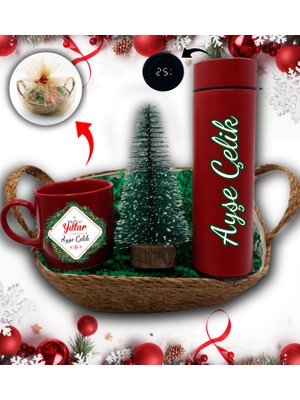 As Gift Hasır Sepetli Kişiye Özel Kırmızı Termos & Yılbaşı Ağacı & Kırmızı Kupa Hediye Seti