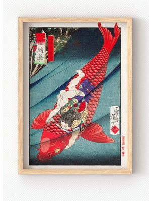 Viela Home Ahşap Çerçeveli Japanese Koi Warrior Poster Geleneksel Japon Balık ve Savaşçı Temalı Duvar Tablosu