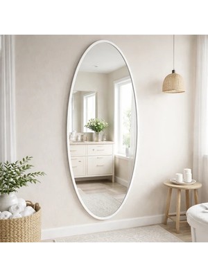 Aypars Atölye Modern Oval Boy Aynası 40X120 cm – Ince Beyaz Çerçeveli Minimalist Dekoratif Duvar Aynası