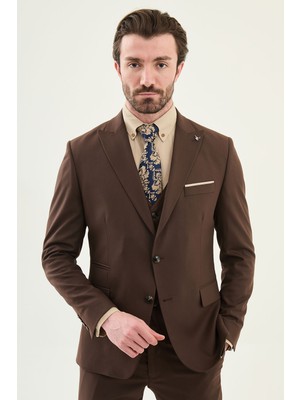 MCR Düz Slim Fit Geniş Yaka Mendil Detaylı Erkek Takım Elbise