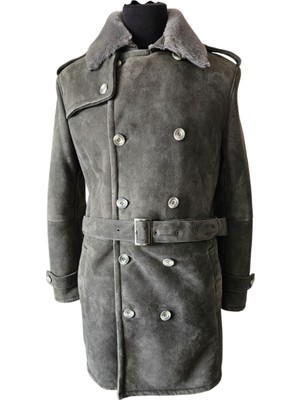 Asus Deri - Süet Hakiki Koyun Kürkü Erkek Trençkot - Burb -Gri