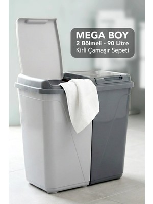 Meleni Home 90 Lt Iki Bölmeli Kirli Çamaşır Sepeti - Mega Duo Banyo Çamaşır Sepeti Renkliler & Beyazlar Antrasit