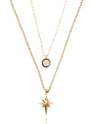 Ema Jewellery Ema 14 Ayar Altın Çift Zincirli Taşlı Kutup Yıldızı Kolye