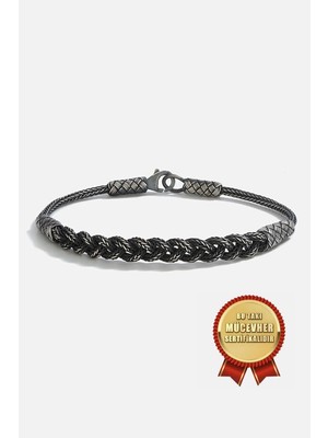 Meks Jewels 925 Ayar Gümüş Kazaz El Işi Siyah Oksitli Örgü Erkek Bileklik