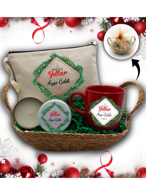 As Gift Hasır Sepetli Kişiye Özel Kanvas Makyaj Çantası & Kırmızı Kupa & Beyaz Metal Kutulu Mum